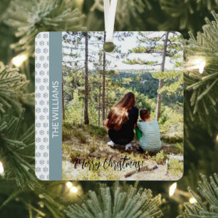 Kerst foto in lijst met sneeuwvlokken wit blauw metalen ornament