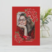 Kerst Foto Kaart Rode Poinsettia Rode Rand (Staand voorkant)