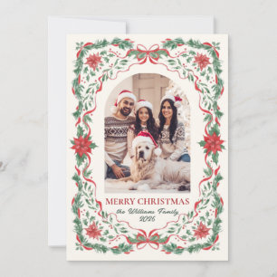 Kerst Foto met Gebladerte Groen Rode Boog Feestdagenkaart