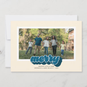 Kerst Foto met Merry Blue Retro Schrift Feestdagenkaart