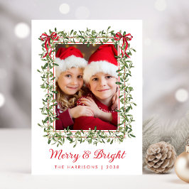Kerst Foto met Merry Bright Rode Strikken en Groen Feestdagenkaart