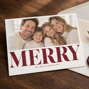 Kerst Foto met Merry Burgundy Bold Serif Familie Feestdagenkaart
