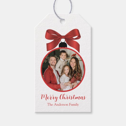 Kerst Foto Ornament Rood Cadeaulabel (Voorkant)