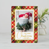 Kerst Foto Plaid Goud Folie Feestdagenkaart (Staand Voorkant)