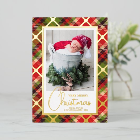 Kerst Foto Plaid Goud Folie Feestdagenkaart (Staand Voorkant)