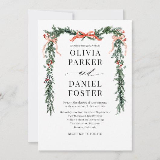 Kerst Foto QR-code Waterverf Rood lint Trouwdag Kaart (Voorkant)