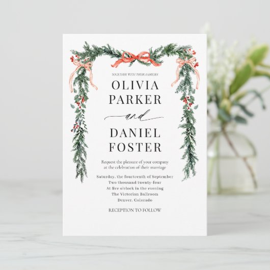 Kerst Foto QR-code Waterverf Rood lint Trouwdag Kaart (Staand voorkant)