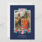 Kerst Foto Rendier Bloem Blauw Feestdagenkaart (Voorkant)