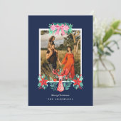 Kerst Foto Rendier Bloem Blauw Feestdagenkaart (Staand voorkant)
