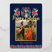 Kerst Foto Rendier Bloem Blauw Folie Feestdagenkaart (Voorkant)