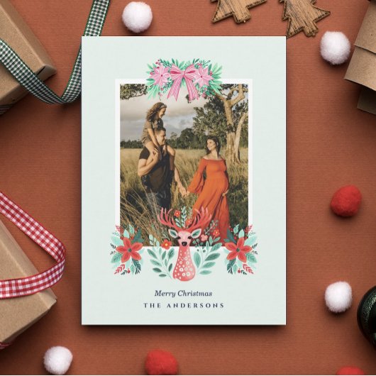 Kerst Foto Rendier Bloemig Munt Feestdagenkaart