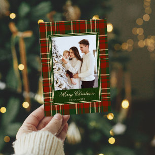 Kerst foto rood groen geruit dennenboog elegant feestdagenkaart