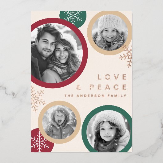 Kerst foto vakantiekaart met vredige sneeuwvlokken folie feestdagenkaart (Voorkant)