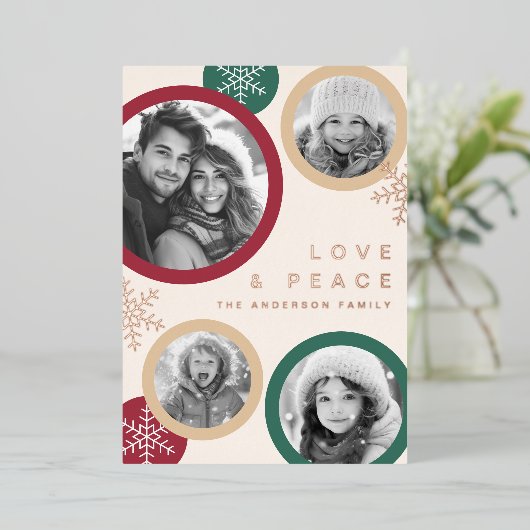 Kerst foto vakantiekaart met vredige sneeuwvlokken folie feestdagenkaart (Staand Voorkant)