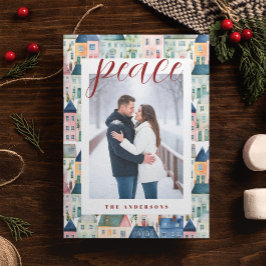 Kerst Foto Waterverf Kleurrijke Huizen Rood Feestdagenkaart