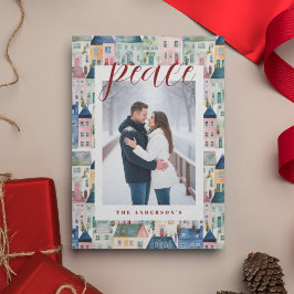 Kerst Foto Waterverf Kleurrijke Huizen Rood Feestdagenkaart