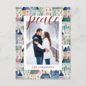 Kerst Foto Waterverf Kleurrijke Huizen Rood Feestdagenkaart (Voorkant)