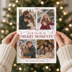 Kerst Fotocollage met Burgundy Strik Feestdagenkaart