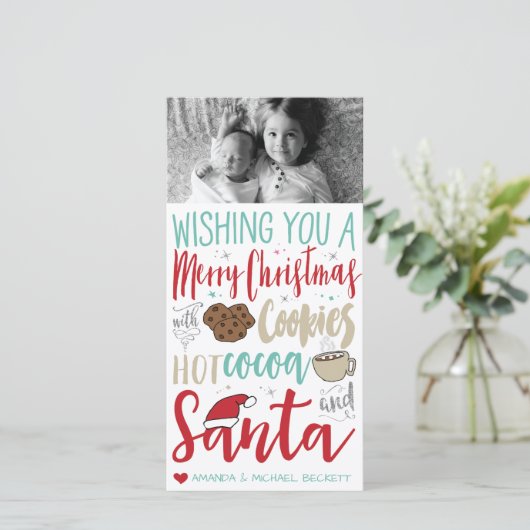 Kerst fotokaart - Kerstman, koekjes, warme chocola Feestdagenkaart (Staand voorkant)