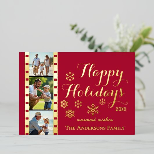 Kerst fotokaart, Klassieke Filmstrook, Rood Folie Feestdagenkaart (Staand Voorkant)