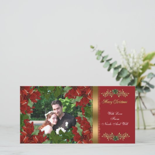 Kerst fotokaart klassieke rode poinsettia's feestdagenkaart (Staand voorkant)