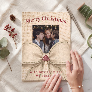 Kerst fotokaart met ruw jute lint kaart