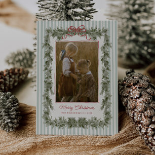 Kerst fotokaart met strepen en strik in salie feestdagenkaart