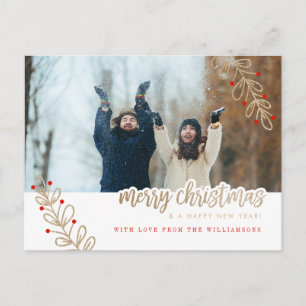 Kerst Fotokaart Rode Bessen & Gouden Glitters Feestdagenkaart