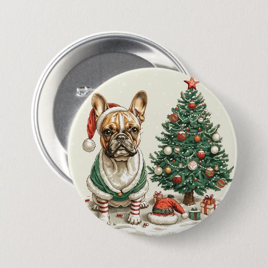 Kerst Franse Bulldog Elfhond Ronde Button 7,6 Cm (Voorkant /achterkant)