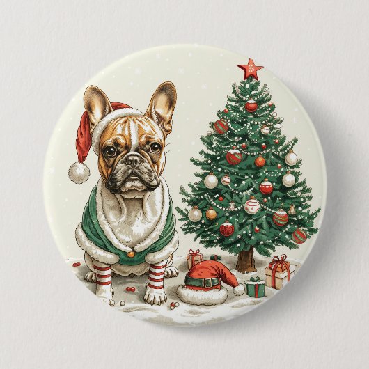 Kerst Franse Bulldog Elfhond Ronde Button 7,6 Cm (Voorkant)