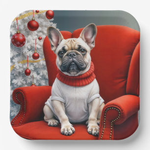 Kerst Franse Bulldog op een rode stoel Papieren Bordje