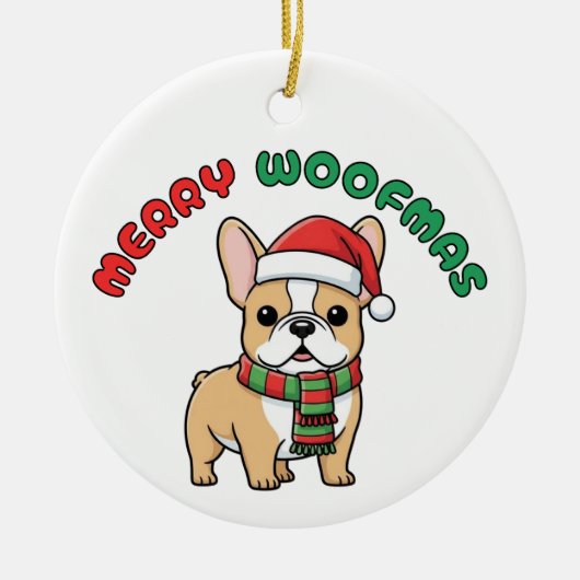 Kerst Franse Bulldog Ornament: Merry Woofmas Keramisch Ornament (Voorkant)