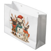 Kerst Franse Bulldog Rendieren Honden Groot Cadeauzakje (Voorkant Gekanteld)