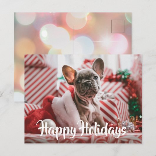 Kerst Franse Bulldog tussen Kerstcadeaus Feestdagenkaart (Voorkant / Achterkant)