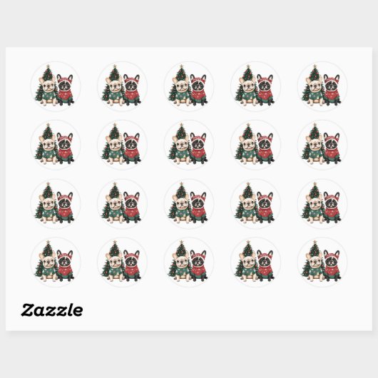 Kerst Franse Bulldogs Ronde Sticker (Vel)