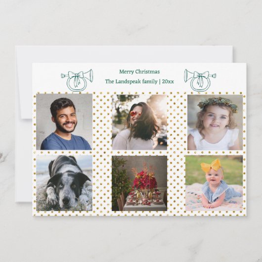 Kerst Franse Hoorn Gouden Confetti & 6 Foto's Feestdagenkaart (Voorkant)