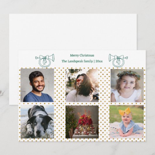 Kerst Franse Hoorn Gouden Confetti & 6 Foto's Feestdagenkaart (Voorkant / Achterkant)