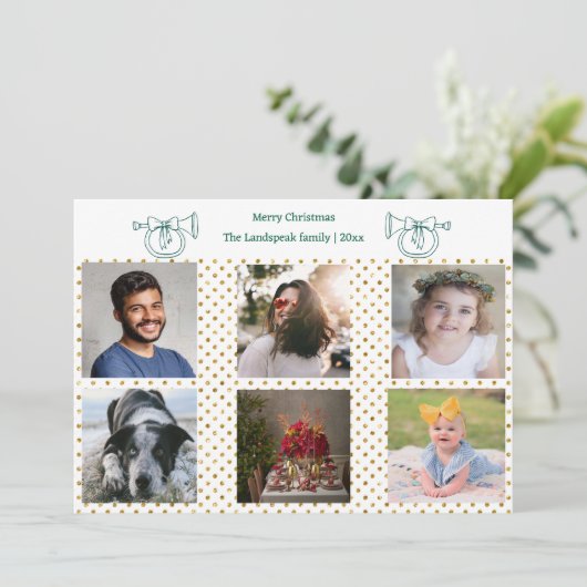 Kerst Franse Hoorn Gouden Confetti & 6 Foto's Feestdagenkaart (Staand voorkant)