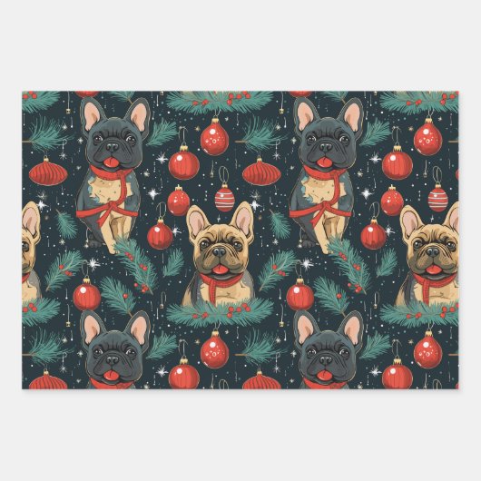Kerst Frenchie Wrapping Papier Set van 3 Inpakpapier Vel (Voorkant 3)