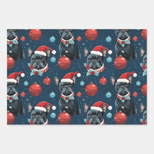 Kerst Frenchie Wrapping Papier Set van 3 Inpakpapier Vel (Voorkant 2)