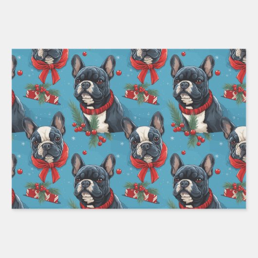Kerst Frenchie Wrapping Papier Set van 3 Inpakpapier Vel (Voorkant)