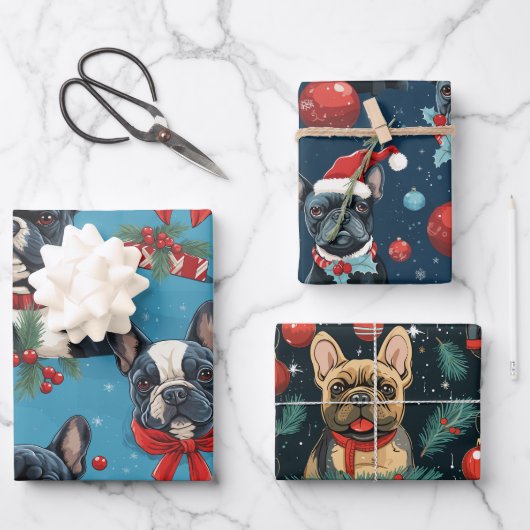 Kerst Frenchie Wrapping Papier Set van 3 Inpakpapier Vel (Voorkant)