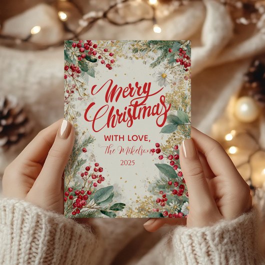 Kerst Frosted Pine en Goud Feestdagenkaart