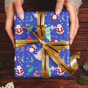 Kerst Fun Ditzy Santa Blauwe Achtergrond Cadeaupapier