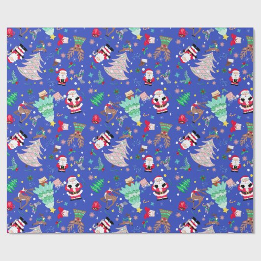 Kerst Fun Ditzy Santa Blauwe Achtergrond Cadeaupapier (Vlak)
