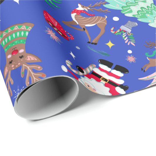 Kerst Fun Ditzy Santa Blauwe Achtergrond Cadeaupapier (Rol Hoek)