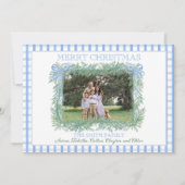 Kerst Garland Blue Bow Lint Gingham Feestdagenkaart (Voorkant)