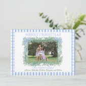 Kerst Garland Blue Bow Lint Gingham Feestdagenkaart (Staand voorkant)