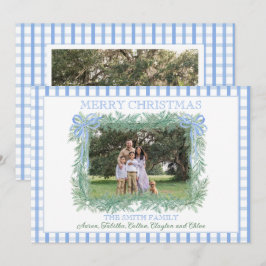Kerst Garland Blue Bow Lint Gingham Feestdagenkaart