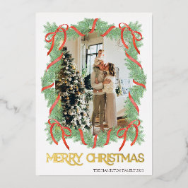 Kerst Garland Kader Strik Kerstfoto Goud Folie Uitnodiging